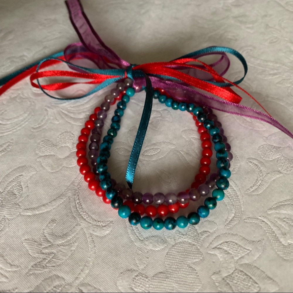 “Mardi Gras” 3 Gemstone Stretch Bracelets